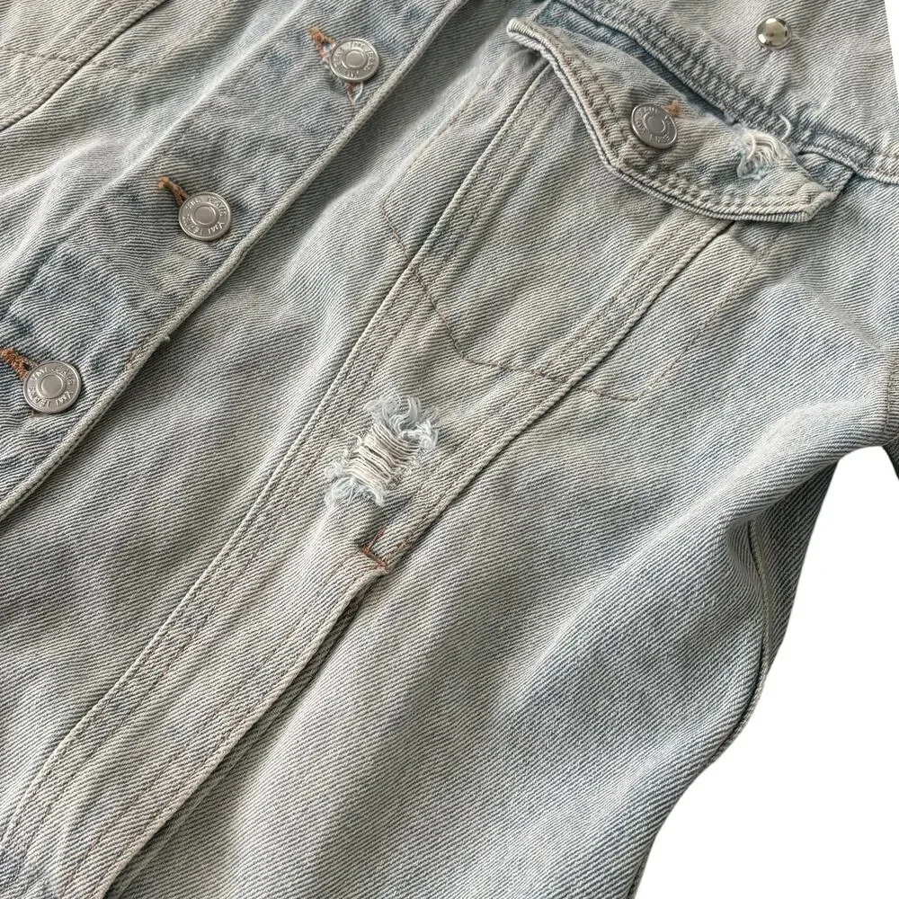 Upcycled Denim Jacket M Angel Cherub Grommet Stud Celestial Punk Boho Retro Blue - Picture 10 of 13